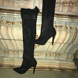 Fishnet Thigh high heel boots